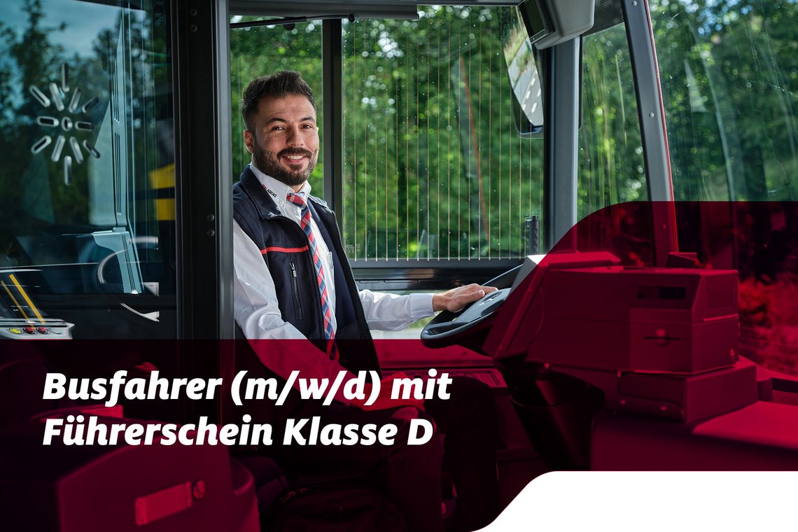 Foto mit Text: Busfahrer (m/w/d) mit Führerschein Klasse D