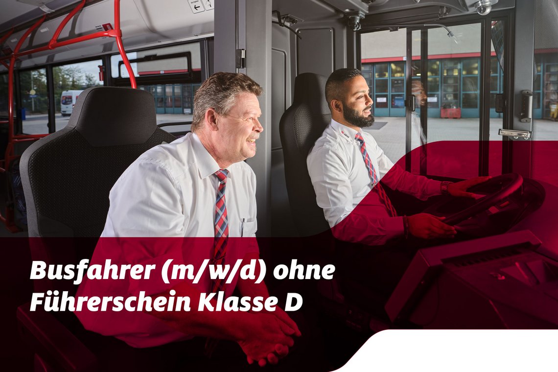 Foto mit Text: Busfahrer (m/w/d) ohne Führerschein Klasse D